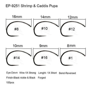Planet Gates Shirmp fly hook 9251 / 3 100pcs Competition Fly Fishing Hook Barbless No Barb hook Fishing Dry Nymph Shirmp Wet Caddis Fly Hook Black Nickle New