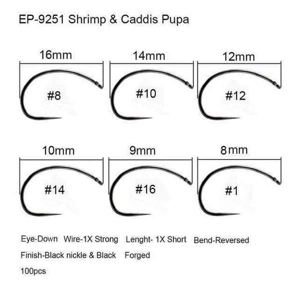 Planet Gates Shirmp fly hook 9251 / 3 100pcs Competition Fly Fishing Hook Barbless No Barb hook Fishing Dry Nymph Shirmp Wet Caddis Fly Hook Black Nickle New