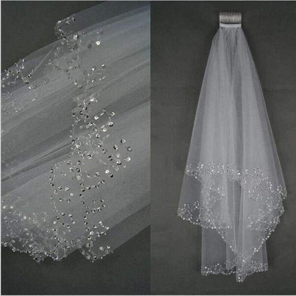 Planet Gates Short Beaded Wedding Veil Two Layer White/Ivory Sequin Tulle 75 CM Length With Comb Beaded Edge Woman Bridal Accessories