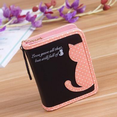 Planet Gates Short Black Women Wallets Zipper Lady Handbags Clutch Coin Purse Cards Holder PU Leather Brand Cat Woman Wallet Moneybags Purse Bags