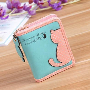 Planet Gates Short Green Women Wallets Zipper Lady Handbags Clutch Coin Purse Cards Holder PU Leather Brand Cat Woman Wallet Moneybags Purse Bags