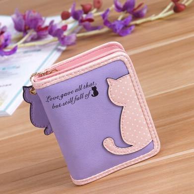 Planet Gates Short Purple Women Wallets Zipper Lady Handbags Clutch Coin Purse Cards Holder PU Leather Brand Cat Woman Wallet Moneybags Purse Bags