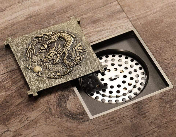 Planet Gates Shower Drain 10X10cm Antique Solid Brass Floor Drain Cover Strainer Bathroom Bath Accessories Art Carved Square DrainY38070