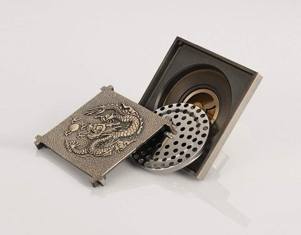 Planet Gates Shower Drain 10X10cm Antique Solid Brass Floor Drain Cover Strainer Bathroom Bath Accessories Art Carved Square DrainY38070