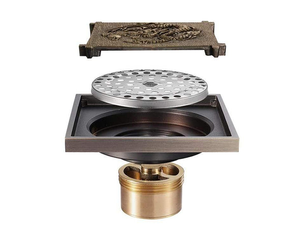 Planet Gates Shower Drain 10X10cm Antique Solid Brass Floor Drain Cover Strainer Bathroom Bath Accessories Art Carved Square DrainY38070