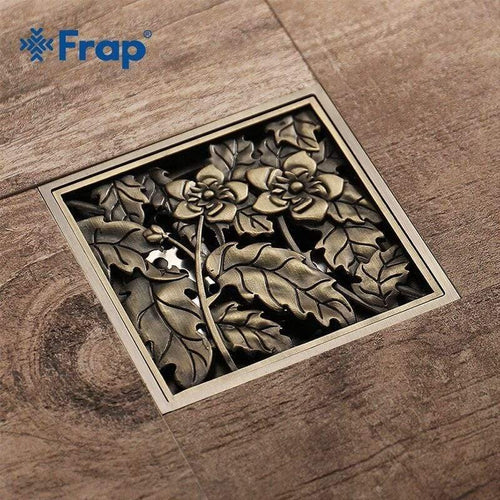 Planet Gates Shower Drains 10*10cm Bath Drains Strainer Hair Antique Brass Flower Carved Bathroom Floor Drain Waste Grate Drain Y38067