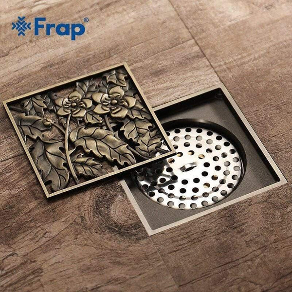 Planet Gates Shower Drains 10*10cm Bath Drains Strainer Hair Antique Brass Flower Carved Bathroom Floor Drain Waste Grate Drain Y38067