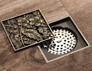 Planet Gates Shower Drains 10*10cm Bath Drains Strainer Hair Antique Brass Flower Carved Bathroom Floor Drain Waste Grate Drain Y38067