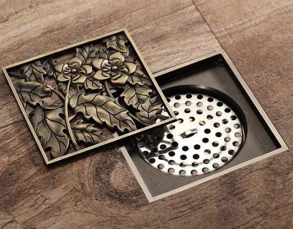 Planet Gates Shower Drains 10*10cm Bath Drains Strainer Hair Antique Brass Flower Carved Bathroom Floor Drain Waste Grate Drain Y38067