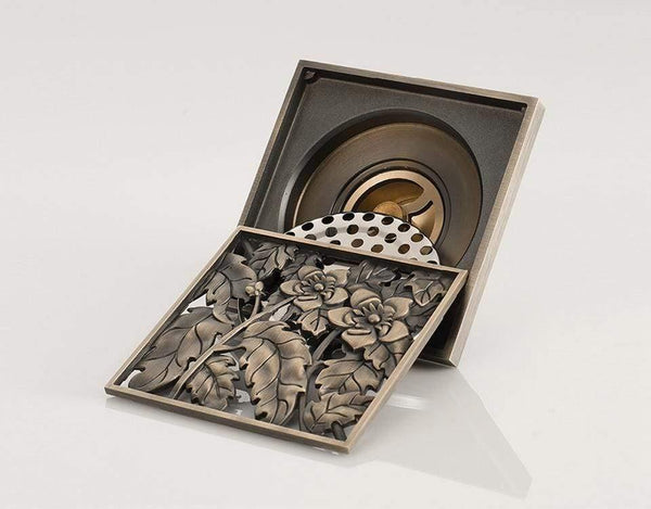 Planet Gates Shower Drains 10*10cm Bath Drains Strainer Hair Antique Brass Flower Carved Bathroom Floor Drain Waste Grate Drain Y38067