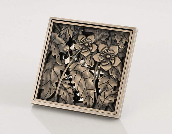 Planet Gates Shower Drains 10*10cm Bath Drains Strainer Hair Antique Brass Flower Carved Bathroom Floor Drain Waste Grate Drain Y38067