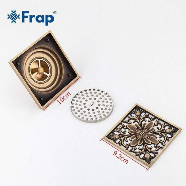Planet Gates Shower Drains 10*9.5cm Square Bath Drains Strainer Hair Antique Brass Carved Bathroom Floor Drain Waste Grate Drain Y81009
