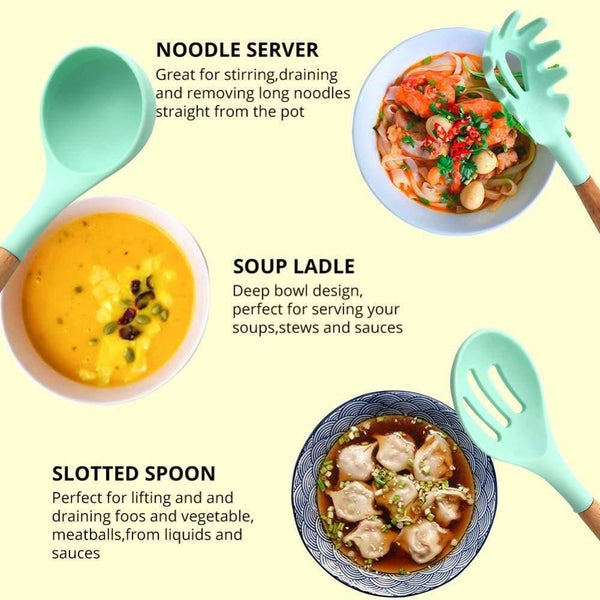 Planet Gates Silicone Cooking Utensils Kitchen Utensil set - 9&11 Natural Wooden Silicone Cooking  Utensils - Kitchen Tools Gadgets