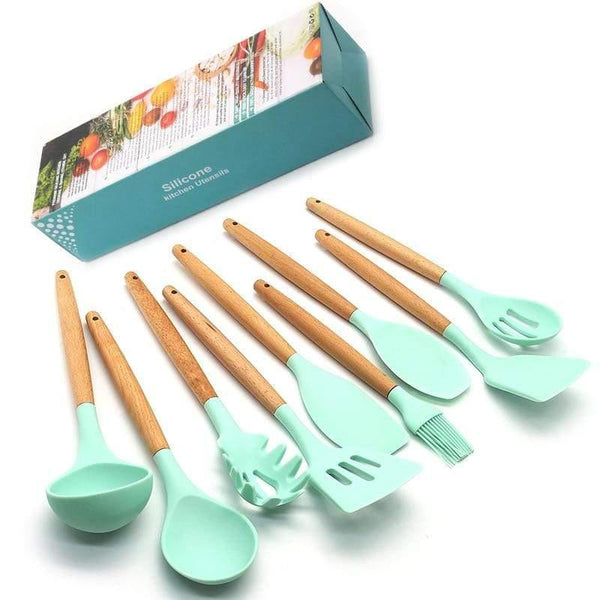 Planet Gates Silicone Cooking Utensils Kitchen Utensil set - 9&11 Natural Wooden Silicone Cooking  Utensils - Kitchen Tools Gadgets