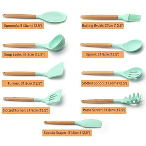 Planet Gates Silicone Cooking Utensils Kitchen Utensil set - 9&11 Natural Wooden Silicone Cooking  Utensils - Kitchen Tools Gadgets