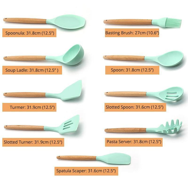 Planet Gates Silicone Cooking Utensils Kitchen Utensil set - 9&11 Natural Wooden Silicone Cooking  Utensils - Kitchen Tools Gadgets