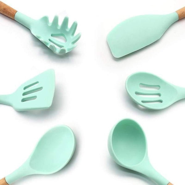 Planet Gates Silicone Cooking Utensils Kitchen Utensil set - 9&11 Natural Wooden Silicone Cooking  Utensils - Kitchen Tools Gadgets