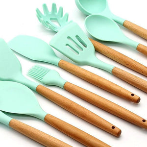 Planet Gates Silicone Cooking Utensils Kitchen Utensil set - 9&11 Natural Wooden Silicone Cooking  Utensils - Kitchen Tools Gadgets