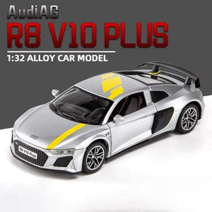 Planet Gates Silver 1:32 Audi R8 V10 Plus Supercar Alloy Car Diecasts & Toy Vehicles Sound and light Car Model Collection Car Toys For Children