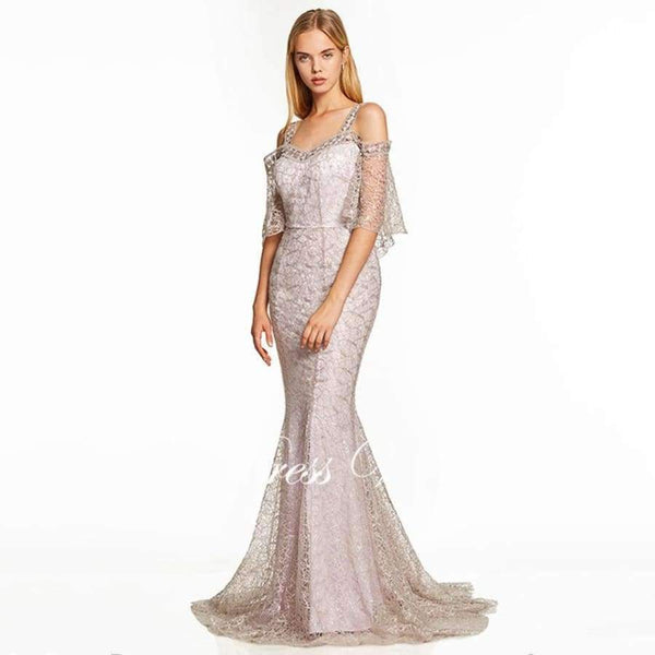 Planet Gates Silver / 2 Pink a line long evening dress backless cheap straps half sleeves wedding party formal dress lace evening dresses