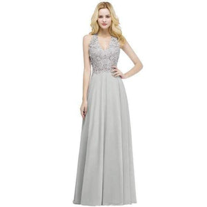 Planet Gates Silver / 2 Sexy V Neck Pink Lace Chiffon Long Evening Dress 2018 Elegant Sleeveless Evening Gowns with Pearls Abendkleid