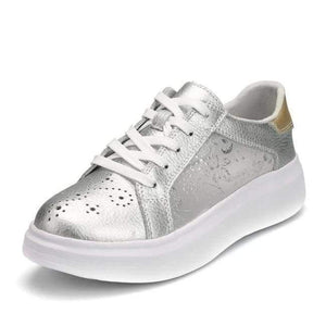 Planet Gates Silver / 36 HZXINLIVE 2018 Women Vulcanized Shoes Sneakers Ladies Lace Up Silk Basket Shoes Breathable Walking Genuine Leather Casual Flats