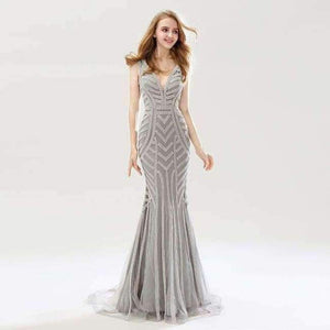 Planet Gates Silver / 6 Beauty Silver Beading Mermaid Evening Dresses Sexy Tulle V-Neck Long Women Important Party Dress Luxury Prom Gowns OL476