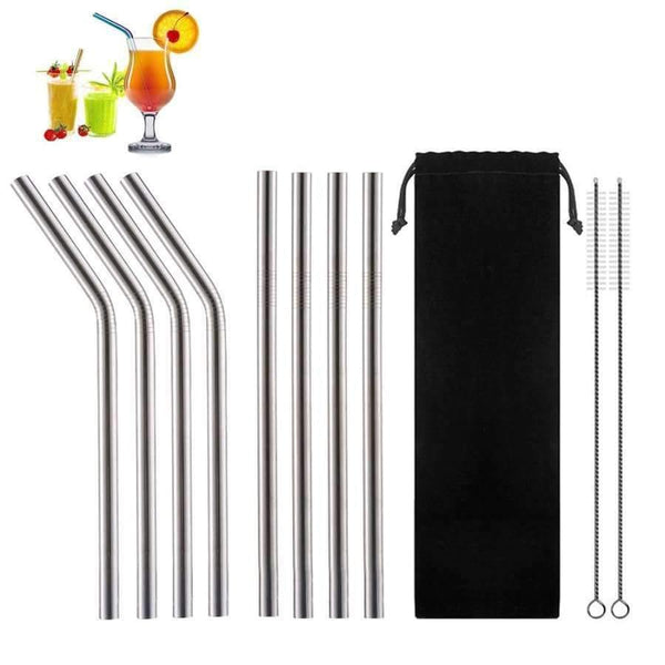Planet Gates Silver 8Pcs Wide Straw Stainless Steel Smoothie Straws Reusable Straight Bent Metal Drinking Straw for Bar Party with Cleaning Brush