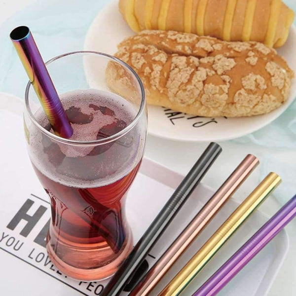 Planet Gates Silver 8Pcs Wide Straw Stainless Steel Smoothie Straws Reusable Straight Bent Metal Drinking Straw for Bar Party with Cleaning Brush