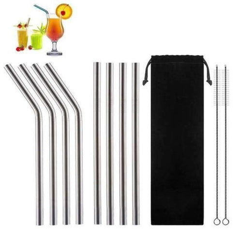 Planet Gates Silver 8Pcs Wide Straw Stainless Steel Smoothie Straws Reusable Straight Bent Metal Drinking Straw for Bar Party with Cleaning Brush