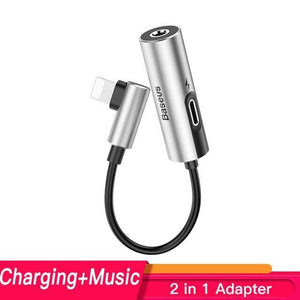 Planet Gates Silver Baseus 2 in 1 Aux Audio Cable Splitter for iPhone Xs Max 7 Extension USB Cable Adapter for iPhone To 3.5mm Jack Earphone Adapter