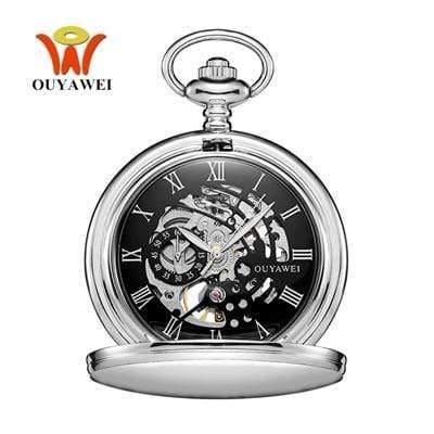 Planet Gates Silver Black Mechanical Hand Wind Pocket Watch Silver Black Stainless Steel Case Water Resistant Hombre Watch Men