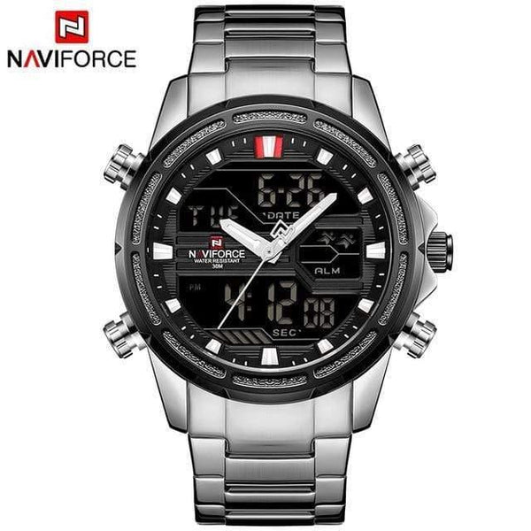 Planet Gates silver black Men Luxury Top Brand Naviforce LED Men Sports Watches Waterproof Full Steel Quartz Men's Watch Relogio Masculino