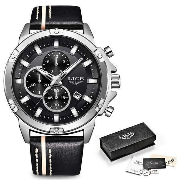 Planet Gates Silver Black Men Watches Fashion Chronograph Male Top Brand Luxury Quartz Watch Men Leather Waterproof Sport Watch Relogio Masculino