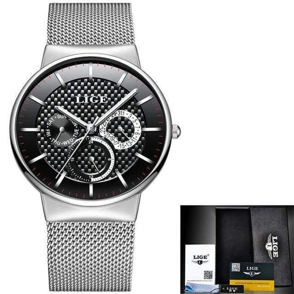 Planet Gates silver black Mens Watches Fashion Top Brand Luxury Quartz Watch Men Casual Slim Mesh Steel Date Waterproof Sport Watch Relogio Masculino