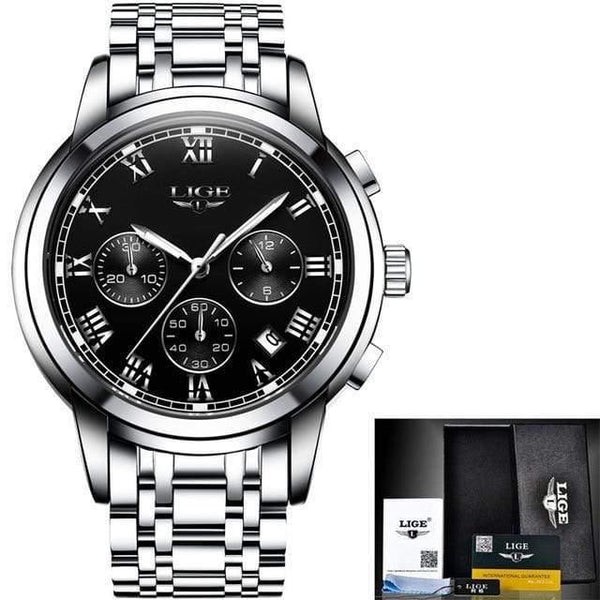 Planet Gates silver black steel Watches Men Luxury Brand LIGE Chronograph Men Sports Watches Waterproof Full Steel Quartz Men's Watch Relogio Masculino