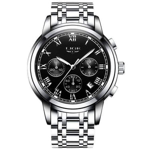 Planet Gates silver black steel Watches Men Luxury Brand LIGE Chronograph Men Sports Watches Waterproof Full Steel Quartz Men's Watch Relogio Masculino