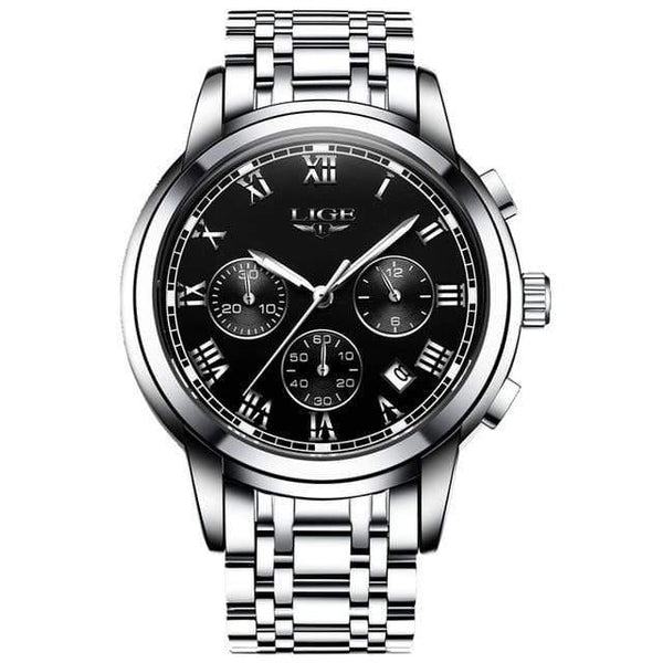 Planet Gates silver black steel Watches Men Luxury Brand LIGE Chronograph Men Sports Watches Waterproof Full Steel Quartz Men's Watch Relogio Masculino