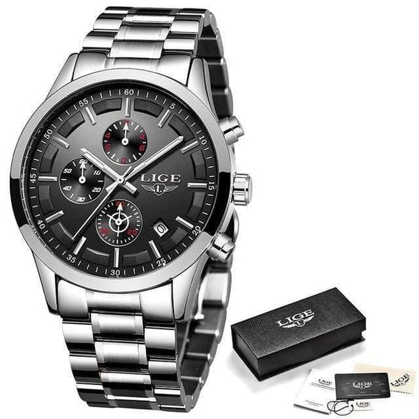 Planet Gates Silver Black Watch Men Top Brand Luxury Chronograph Male Sport Watch Quartz Clock Stainless Steel Waterproof Men Watch Relogio Masculino