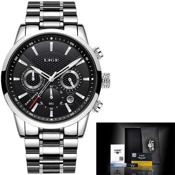 Planet Gates silver blakc Watch Men Fashion Sport Quartz Clock Mens Watches Brand Luxury Full Steel Business Waterproof Watch Relogio Masculino