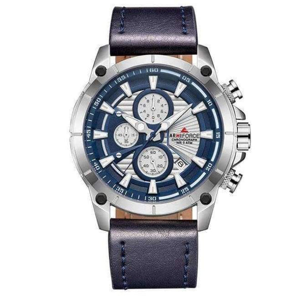 Planet Gates Silver Blue 2018 ARMIFORCE New Fashion Brand Men Watch Quartz Genuine Leather Band Watches Male Army Sport Military Chronograph Analog Clock