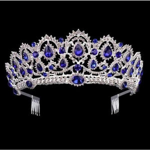 Planet Gates Sølvblå KMVEXO Europæiske Dråbe Grønne Røde Krystal Tiaraer Vintage Guld Rhinestone Pageant Kroner Med Kam Barok Bryllupshårtilbehør