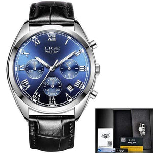 Planet Gates Silver blue leather Mens Watches Top Brand Luxury Waterproof 24 Hour Date Quartz Clock  Male Leather Sport Wrist Watch Relogio Masculino