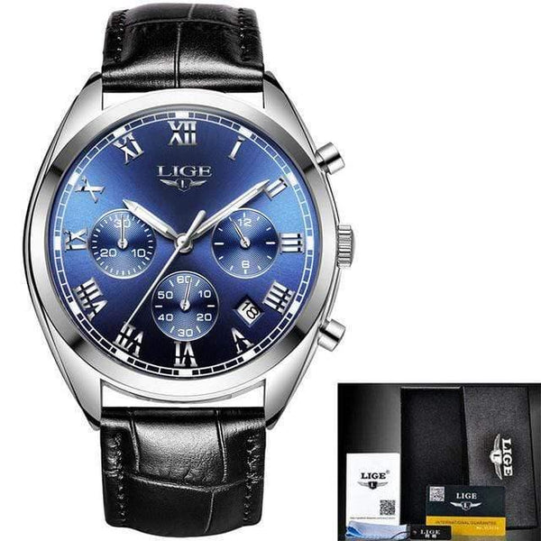 Planet Gates Silver blue leather Mens Watches Top Brand Luxury Waterproof 24 Hour Date Quartz Clock  Male Leather Sport Wrist Watch Relogio Masculino