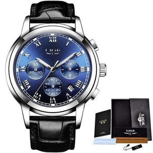 Planet Gates silver blue leather Watches Men Sports Waterproof Date Analogue Quartz Men's Watches Chronograph Business Watches For Men Relogio Masculino+Box