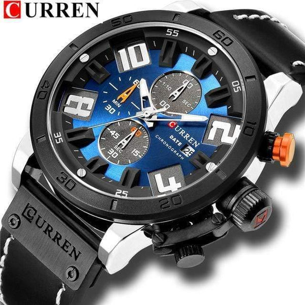 Planet Gates silver blue Mens Watches Fashion Chronograph Quartz Digital Wristwatch CURREN Leather Strap Watch With Waterproof 30M Reloj Hombre