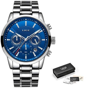 Planet Gates Silver blue Mens Watches Top Brand Luxury Men Casual Leather Waterproof Chronograph Men Sport Quartz Clock Relogio Masculino