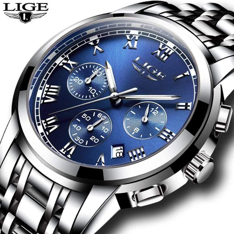 Planet Gates silver blue steel Watches Men Luxury Brand LIGE Chronograph Men Sports Watches Waterproof Full Steel Quartz Men's Watch Relogio Masculino