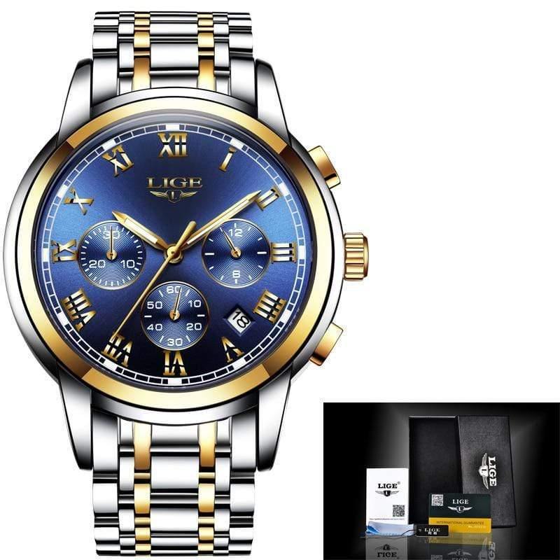 Planet Gates silver blue steel Watches Men Luxury Brand LIGE Chronograph Men Sports Watches Waterproof Full Steel Quartz Men's Watch Relogio Masculino