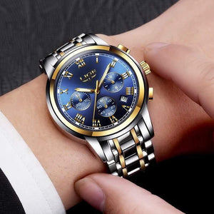 Planet Gates silver blue steel Watches Men Luxury Brand LIGE Chronograph Men Sports Watches Waterproof Full Steel Quartz Men's Watch Relogio Masculino